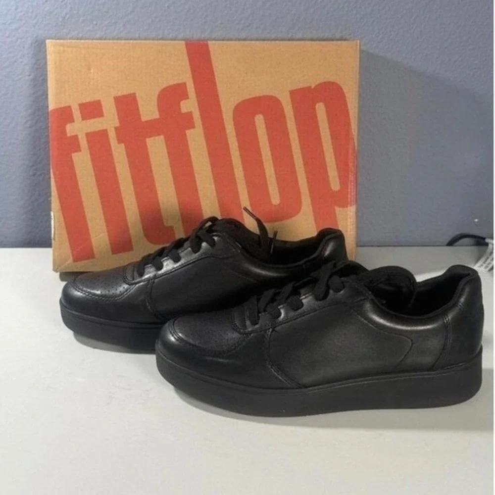 FitFlop Womens Black Leather Lace‎ Up Sneakers Comfort Shoes 5